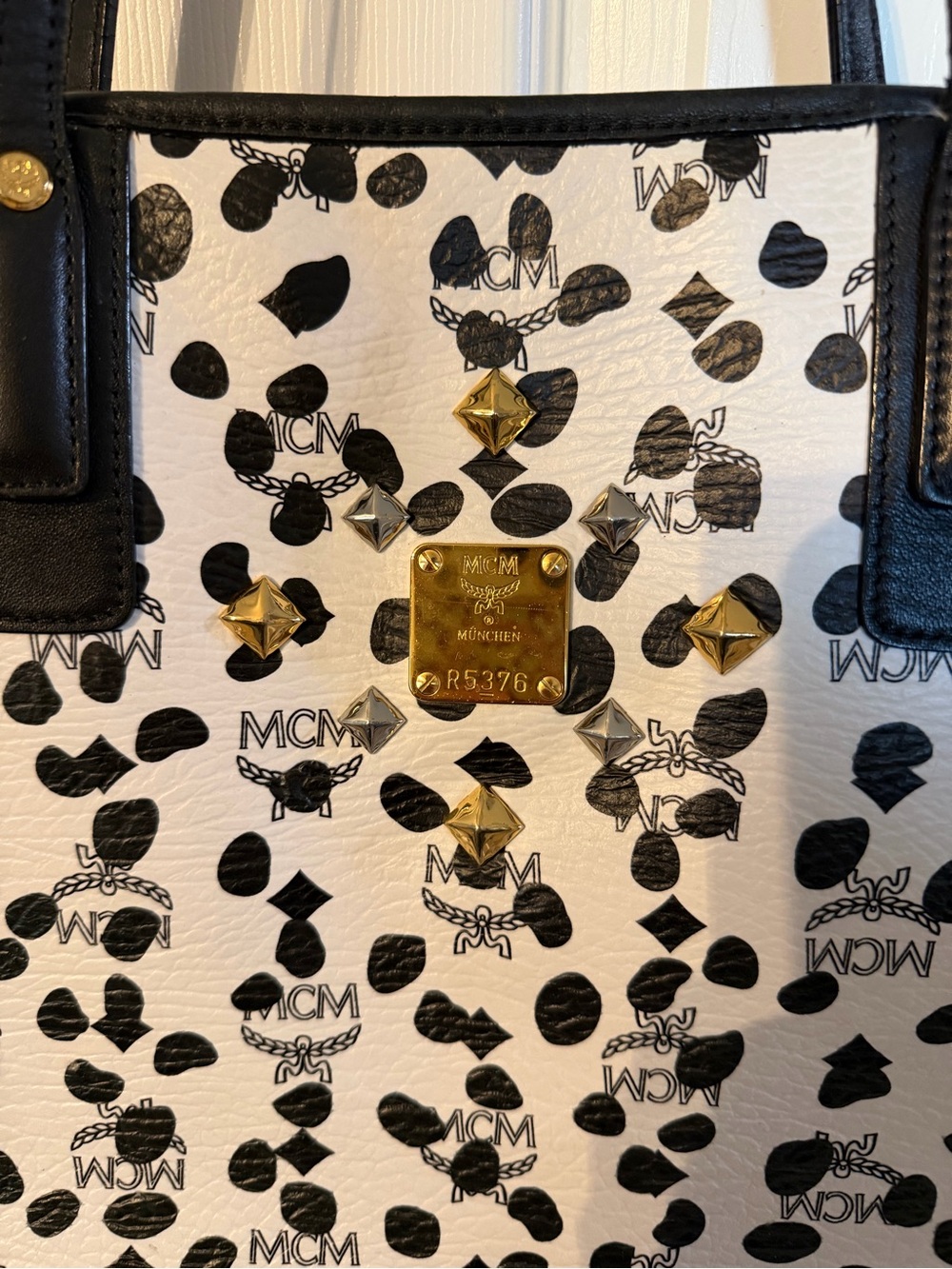 MCM White & Black Visetos Logo Studded Tote